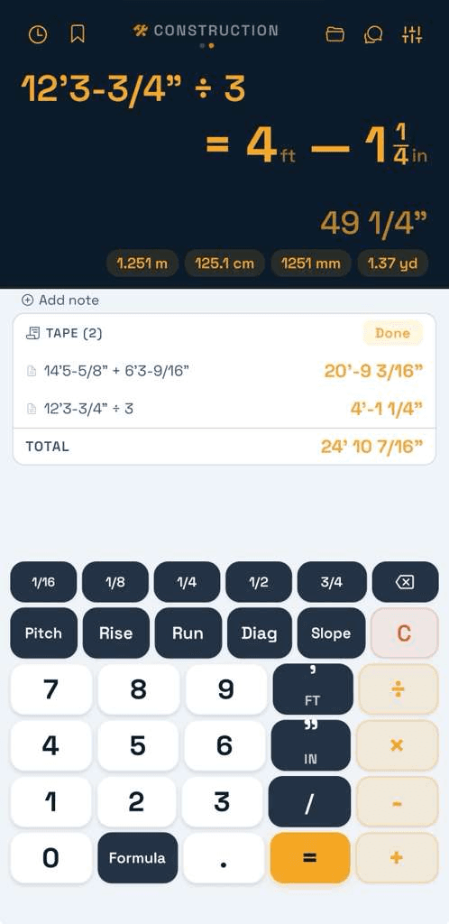 TB Logic construction mode showing fractions, running tape, and unit conversions